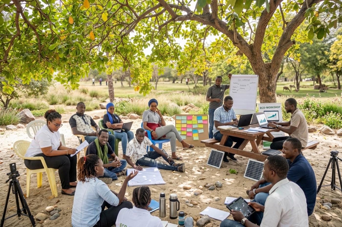 Un atelier en plein air sous un arbre, autour d’ordinateurs et de post-it.